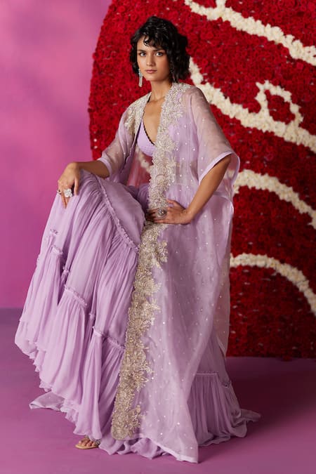 Shop_Mrunalini Rao_Purple Silk, Chiffon Pearls, Zari, Zahra Floral Cutwork Border Cape Skirt Set _at_Aza_Fashions