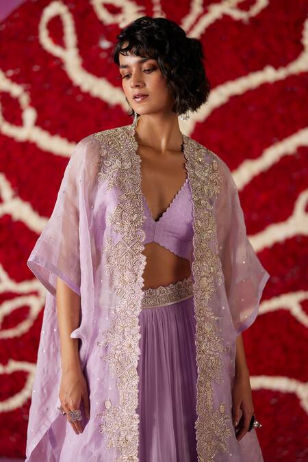 Mrunalini Rao_Purple Silk, Chiffon Pearls, Zari, Zahra Floral Cutwork Border Cape Skirt Set _Online_at_Aza_Fashions