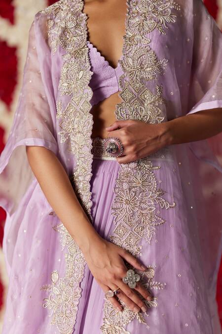 Buy_Mrunalini Rao_Purple Silk, Chiffon Pearls, Zari, Zahra Floral Cutwork Border Cape Skirt Set _Online_at_Aza_Fashions