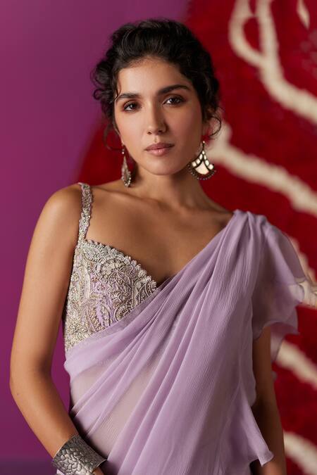 Mrunalini Rao_Purple Silk, Chiffon Zari, Ahalya Ruffle Lehenga Saree With Embroidered Blouse _Online_at_Aza_Fashions