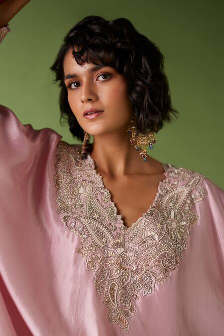 Buy_Mrunalini Rao_Pink V-neck Embroidered Kaftan And Pant Set _Online_at_Aza_Fashions
