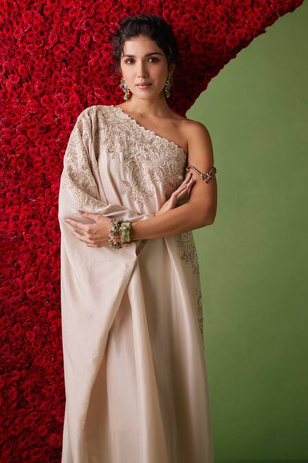 Mrunalini Rao Ivory Silk Pearls, Zari Asymmetric Naaz One Shoulder Embroidered Kaftan Online at Aza Fashions Mrunalini Rao_Ivory Silk Pearls, Zari Asymmetric Naaz One Shoulder Embroidered Kaftan _Online_at_Aza_Fashions
