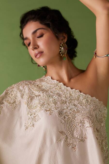 Buy Mrunalini Rao Ivory Silk Pearls, Zari Asymmetric Naaz One Shoulder Embroidered Kaftan Online at Aza Fashions Buy_Mrunalini Rao_Ivory Silk Pearls, Zari Asymmetric Naaz One Shoulder Embroidered Kaftan _Online_at_Aza_Fashions