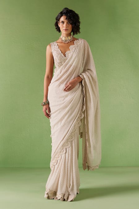 Shop Mrunalini Rao Ivory Silk Pearls, Zari Plunge Neck Leela Raw Embroidered Blouse at Aza Fashions Shop_Mrunalini Rao_Ivory Silk Pearls, Zari Plunge Neck Leela Raw Embroidered Blouse_at_Aza_Fashions