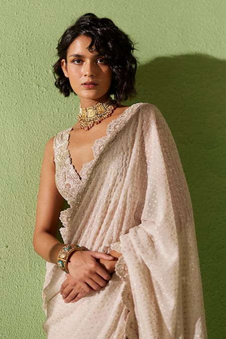 Mrunalini Rao Ivory Silk Pearls, Zari Plunge Neck Leela Raw Embroidered Blouse Online at Aza Fashions Mrunalini Rao_Ivory Silk Pearls, Zari Plunge Neck Leela Raw Embroidered Blouse_Online_at_Aza_Fashions