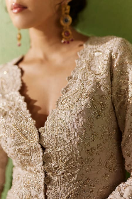 Mrunalini Rao_Ivory Silk Zari, Pearls Plunge Neck Mohak Embroidered Jacket And Gathered Pant Set _Online_at_Aza_Fashions
