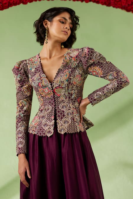 Shop_Mrunalini Rao_Maroon Silk Pearls, Embroidery Plunge Neck Kala Jacket And Gathered Pant Set _at_Aza_Fashions
