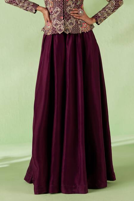 Mrunalini Rao_Maroon Silk Pearls, Embroidery Plunge Neck Kala Jacket And Gathered Pant Set _Online_at_Aza_Fashions
