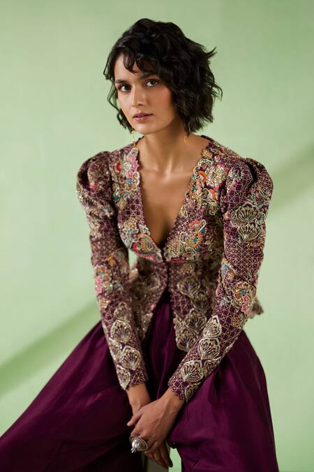 Shop_Mrunalini Rao_Maroon Silk Pearls, Embroidery Plunge Neck Kala Jacket And Gathered Pant Set _Online_at_Aza_Fashions