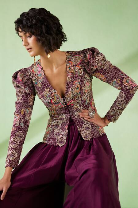 Mrunalini Rao_Maroon Silk Pearls, Embroidery Plunge Neck Kala Jacket And Gathered Pant Set _at_Aza_Fashions