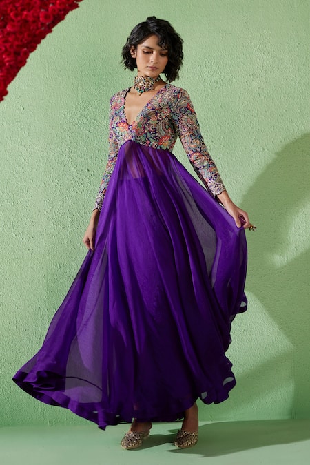 Shop Mrunalini Rao Purple Organza, Silk Embroidery, Sequins, Zari Fluido Floral Anarkali Set at Aza Fashions Shop_Mrunalini Rao_Purple Organza, Silk Embroidery, Sequins, Zari Fluido Floral Anarkali Set _at_Aza_Fashions