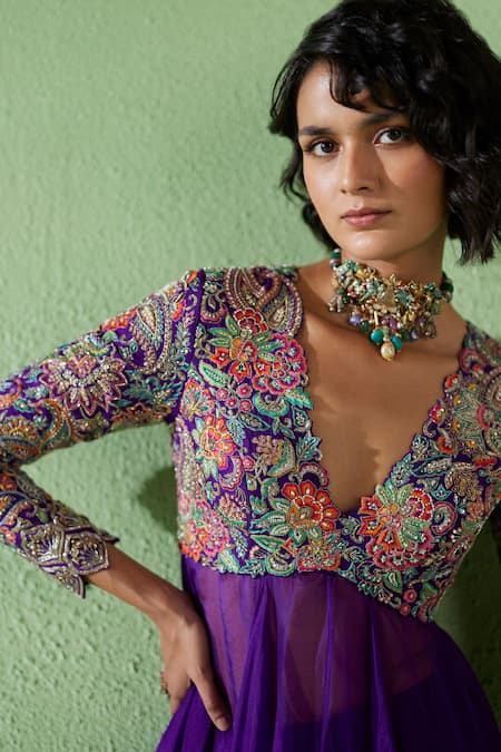 Buy Mrunalini Rao Purple Organza, Silk Embroidery, Sequins, Zari Fluido Floral Anarkali Set Online at Aza Fashions Buy_Mrunalini Rao_Purple Organza, Silk Embroidery, Sequins, Zari Fluido Floral Anarkali Set _Online_at_Aza_Fashions