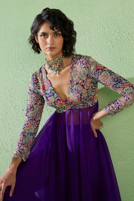 Shop Mrunalini Rao Purple Organza, Silk Embroidery, Sequins, Zari Fluido Floral Anarkali Set Online at Aza Fashions Shop_Mrunalini Rao_Purple Organza, Silk Embroidery, Sequins, Zari Fluido Floral Anarkali Set _Online_at_Aza_Fashions