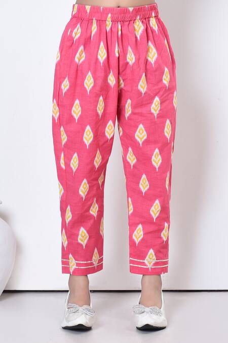 Petite Pomme_Pink Cotton Gota Patti, Ikat Bloom Motif Print Aliya Cut Kurta With Pant _Online_at_Aza_Fashions
