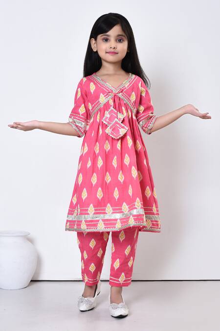 Shop_Petite Pomme_Pink Cotton Gota Patti, Ikat Bloom Motif Print Aliya Cut Kurta With Pant _Online_at_Aza_Fashions