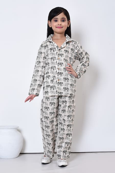 Samyukta Singhania Beige Cotton Print Elephant Mammoth Night Suit 