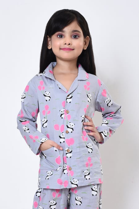 Shop_Petite Pomme_Grey Cotton Panda Print Night Suit_Online_at_Aza_Fashions