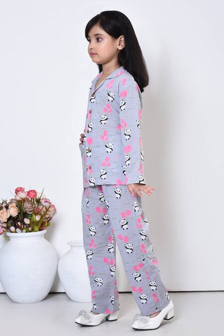 Petite Pomme_Grey Cotton Panda Print Night Suit_at_Aza_Fashions