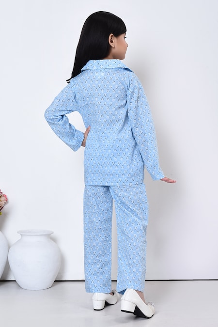 Shop_Samyukta Singhania_Blue Cotton Blossom Print Night Suit _at_Aza_Fashions