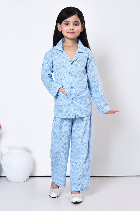 Shop_Samyukta Singhania_Blue Cotton Blossom Print Night Suit _Online_at_Aza_Fashions