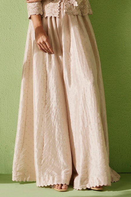 Buy_Mrunalini Rao_Ivory Silk Zari, Pearls Plunge Neck Mohak Embroidered Jacket And Gathered Pant Set _Online_at_Aza_Fashions