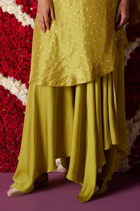 Shop_Mrunalini Rao_Green Silk Pearls, Sequins, Liana Neckline Embroidered Kaftan And Draped Pant Set _Online_at_Aza_Fashions