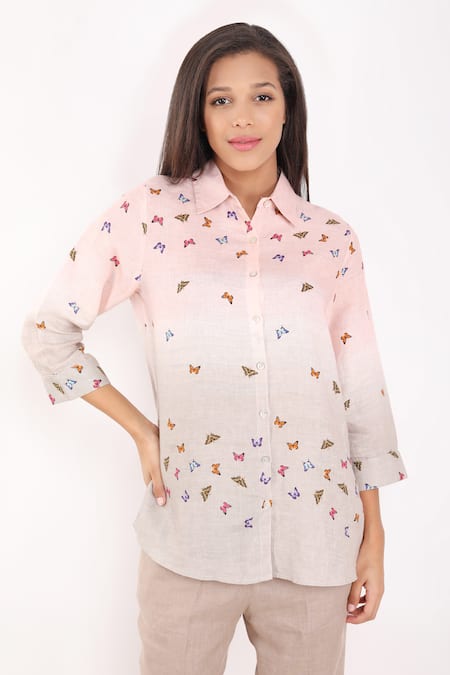 Linen Bloom_Beige Linen Embroidery Collared Butterfly Print Shirt _Online_at_Aza_Fashions