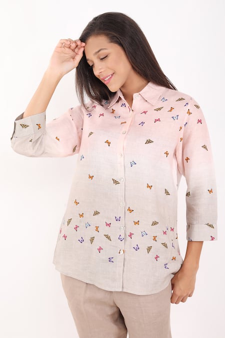 Buy_Linen Bloom_Beige Linen Embroidery Collared Butterfly Print Shirt _Online_at_Aza_Fashions