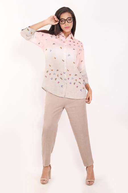 Shop_Linen Bloom_Beige Linen Embroidery Collared Butterfly Print Shirt _Online_at_Aza_Fashions