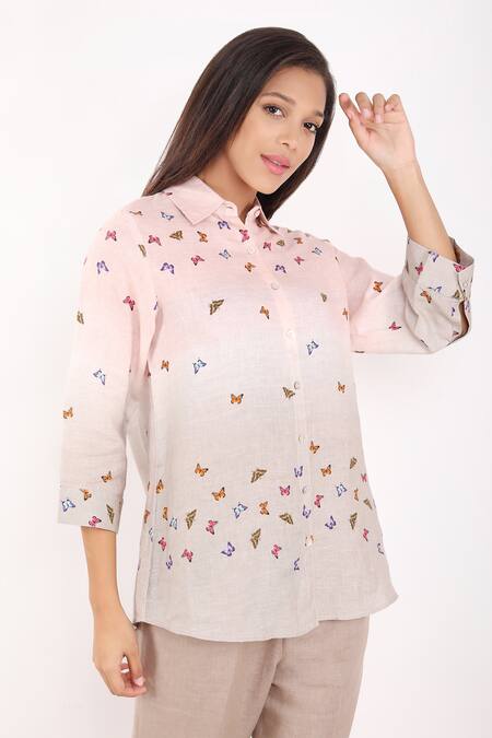 Linen Bloom_Beige Linen Embroidery Collared Butterfly Print Shirt _at_Aza_Fashions