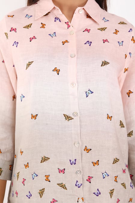 Buy_Linen Bloom_Beige Linen Embroidery Collared Butterfly Print Shirt 