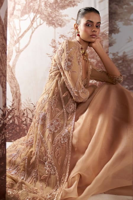 Shop Sana Barreja Beige Net, Organza Sequins, Cut Work Nora Floral Embellished Jacket Skirt Set Online at Aza Fashions Shop_Sana Barreja_Beige Net, Organza Sequins, Cut Work Nora Floral Embellished Jacket Skirt Set _Online_at_Aza_Fashions