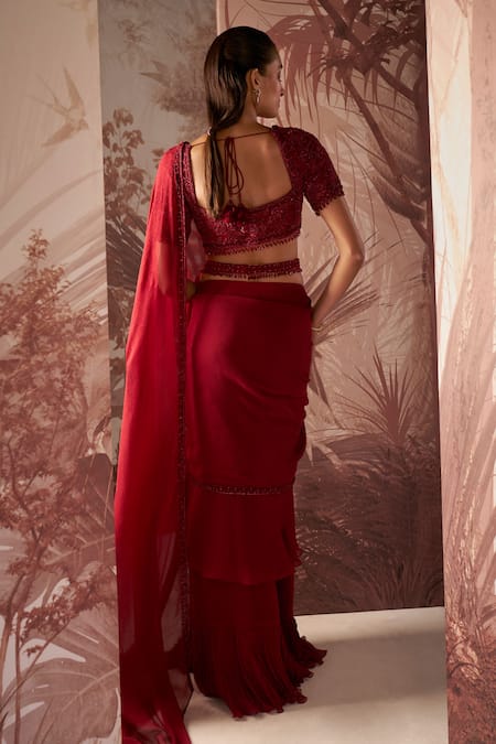 Shop Sana Barreja Red Chiffon, Net Agatha Ruffle Pre Stitched Saree Set With Embellished Blouse at Aza Fashions Shop_Sana Barreja_Red Chiffon, Net Agatha Ruffle Pre Stitched Saree Set With Embellished Blouse _at_Aza_Fashions