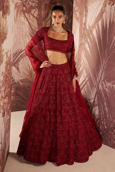 Sana Barreja Red Net, Organza Beads, Georgina Floral Crystal Embroidered Bridal Lehenga Set Online at Aza Fashions Sana Barreja_Red Net, Organza Beads, Georgina Floral Crystal Embroidered Bridal Lehenga Set _Online_at_Aza_Fashions