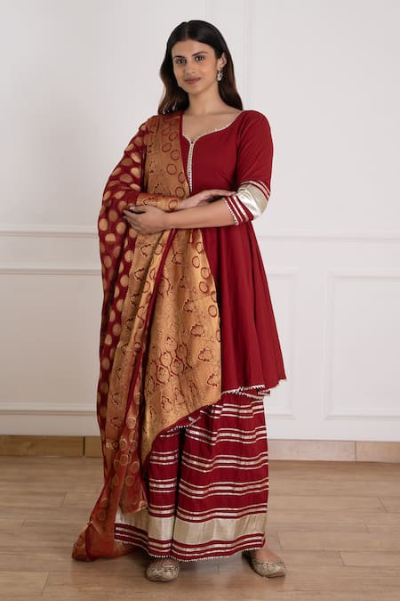 Pheeta Maroon Cotton Woven Gota Patti Work Sharara Set With Banarasi Dupatta