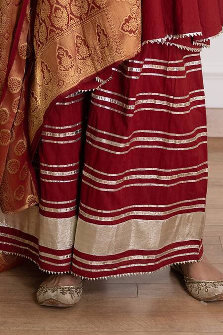 Pheeta Maroon Cotton Woven Gota Patti Work Sharara Set With Banarasi Dupatta Online at Aza Fashions Pheeta_Maroon Cotton Woven Gota Patti Work Sharara Set With Banarasi Dupatta _Online_at_Aza_Fashions