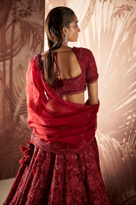 Shop Sana Barreja Red Net, Organza Beads, Georgina Floral Crystal Embroidered Bridal Lehenga Set at Aza Fashions Shop_Sana Barreja_Red Net, Organza Beads, Georgina Floral Crystal Embroidered Bridal Lehenga Set _at_Aza_Fashions
