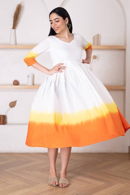 Buy_Pheeta_White Cotton Tie Dye V Neck Sunset Dress _Online_at_Aza_Fashions