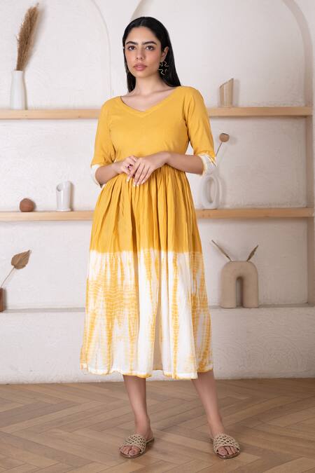 Pheeta Yellow Cotton Shibori V Neck Pattern Dress 