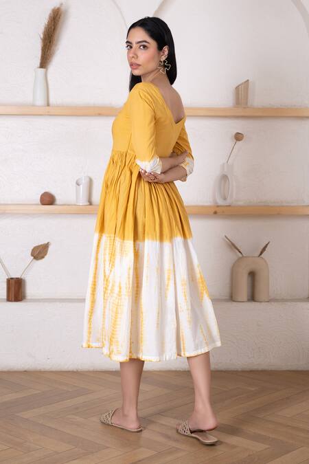Shop Pheeta Yellow Cotton Shibori V Neck Pattern Dress at Aza Fashions Shop_Pheeta_Yellow Cotton Shibori V Neck Pattern Dress _at_Aza_Fashions