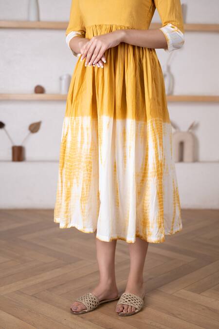 Shop Pheeta Yellow Cotton Shibori V Neck Pattern Dress Online at Aza Fashions Shop_Pheeta_Yellow Cotton Shibori V Neck Pattern Dress _Online_at_Aza_Fashions