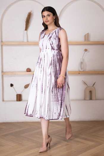 Buy_Pheeta_Purple Cotton Shibori V Neck Pattern Midi Dress _Online_at_Aza_Fashions