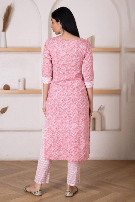Shop_Pheeta_Pink Cotton Embroidery V-neck Floral Print Straight Kurta And Pant Set_at_Aza_Fashions