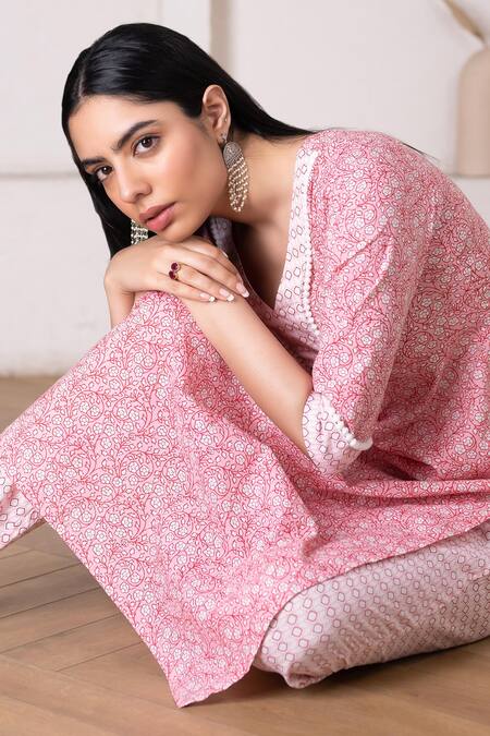 Pheeta_Pink Cotton Embroidery V-neck Floral Print Straight Kurta And Pant Set_at_Aza_Fashions