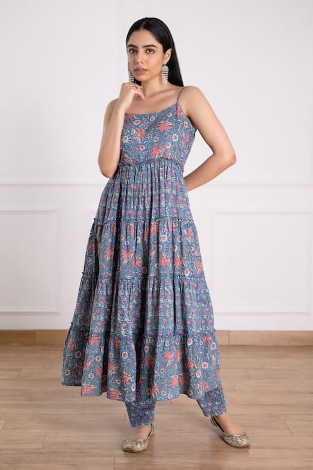 Pheeta Blue Cotton Printed Floral Scoop Tiered Anarkali And Pant Set 