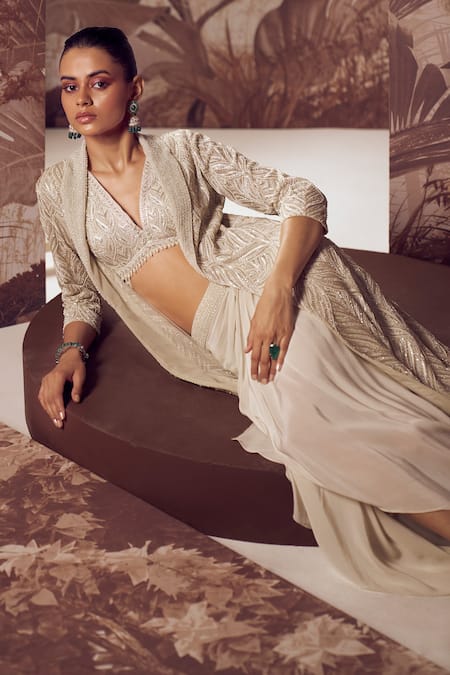 Buy Sana Barreja Ivory Net, Silk Sequins, Cut Work Rena Foliage Embellished Jacket Skirt Set Online at Aza Fashions Buy_Sana Barreja_Ivory Net, Silk Sequins, Cut Work Rena Foliage Embellished Jacket Skirt Set _Online_at_Aza_Fashions