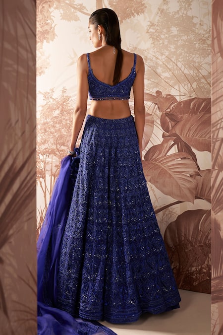 Shop Sana Barreja Blue Net, Organza Beads, Sequins Elanor Floral Embellished Bridal Lehenga Set Online at Aza Fashions Shop_Sana Barreja_Blue Net, Organza Beads, Sequins Elanor Floral Embellished Bridal Lehenga Set _Online_at_Aza_Fashions