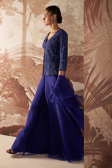 Buy Sana Barreja Blue Net, Organza Beads, Sequins Emma Floral Embellished Peplum Sharara Set Online at Aza Fashions Buy_Sana Barreja_Blue Net, Organza Beads, Sequins Emma Floral Embellished Peplum Sharara Set _Online_at_Aza_Fashions