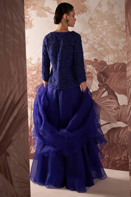 Shop Sana Barreja Blue Net, Organza Beads, Sequins Emma Floral Embellished Peplum Sharara Set Online at Aza Fashions Shop_Sana Barreja_Blue Net, Organza Beads, Sequins Emma Floral Embellished Peplum Sharara Set _Online_at_Aza_Fashions