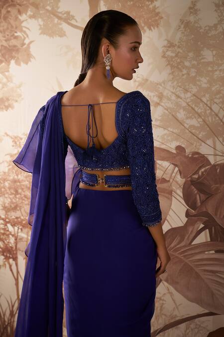Sana Barreja Blue Chiffon, Net Crystals, Sequins V-neck Clara Ruffle Pre Stitched Saree Set Online at Aza Fashions Sana Barreja_Blue Chiffon, Net Crystals, Sequins V-neck Clara Ruffle Pre Stitched Saree Set _Online_at_Aza_Fashions